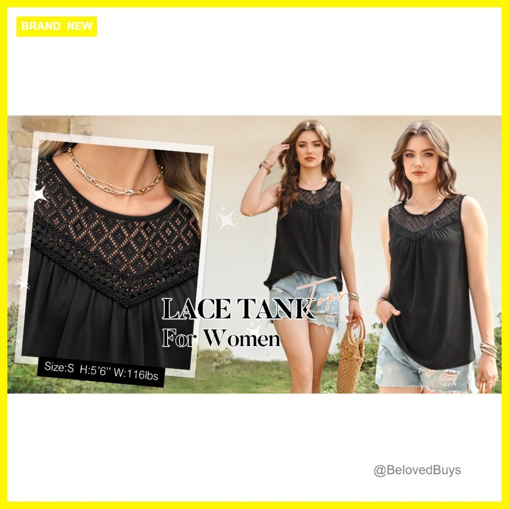 Loose Fit Lace Crochet Boho Tank Top Sleeveless Pleated Tunic Summer - Picture 5 of 7